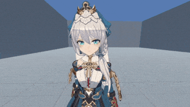 a girl with a crown on her head stands in a room