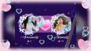 a picture of two girls with hearts and bubbles with ayushi and barry written on the bottom
