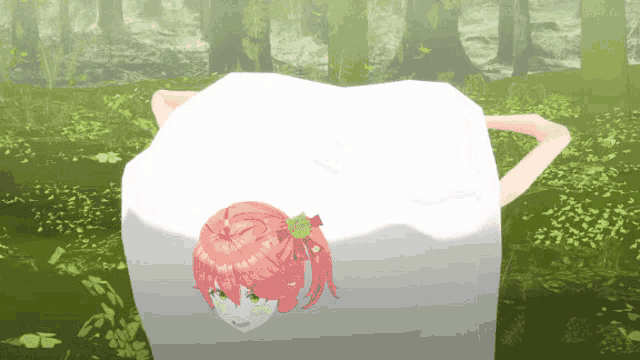 a girl with pink hair and green eyes is laying on a white blanket