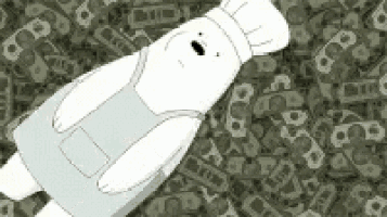 a cartoon polar bear wearing an apron and chef 's hat is laying on a pile of money .