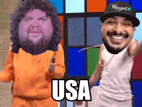 a man with a beard is standing next to another man with the word usa written on the bottom