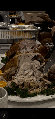 a turkey is being sliced on a plate with a knife
