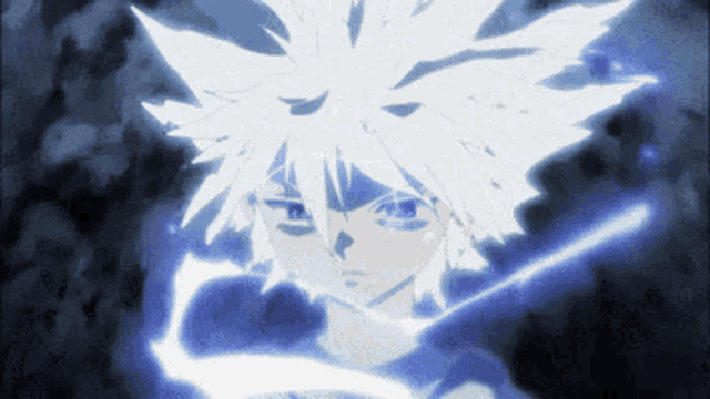 a drawing of a person with white hair and blue eyes