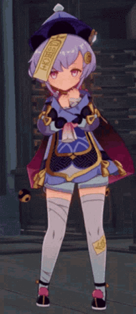 a girl with a purple hair and a hat that says " ghost " on it
