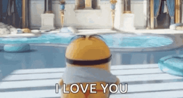 a minion from the movie despicable me is standing in front of a pool .