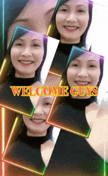 a collage of images of a woman with the words welcome guys on the bottom