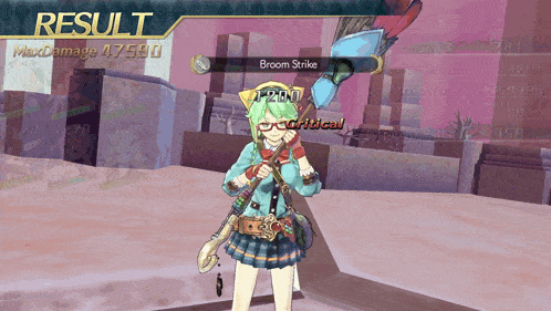 a screenshot of a video game shows a girl with a broom strike