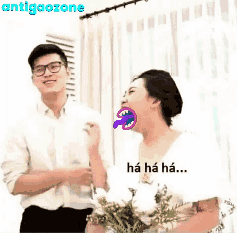 a man and a woman are standing next to each other and the woman has a purple object in her mouth that says ha ha ha
