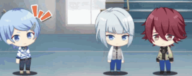 three anime characters are standing next to each other in a room with stairs .