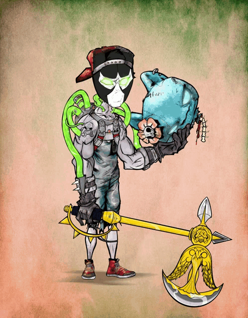 a cartoon drawing of a man holding a sword