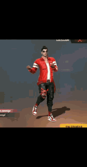 a man in a red and white jacket is dancing in a video game .
