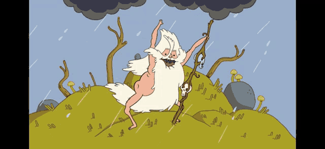a cartoon character with a long white beard is holding a stick