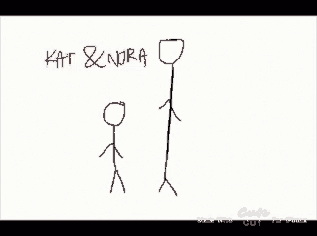 a drawing of two stick figures with kat & nora written in red