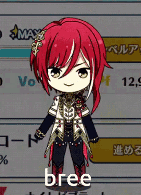 a cartoon character with red hair is standing in front of a screen that says bree .