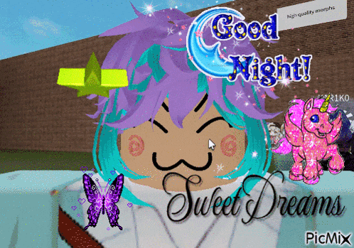 a picture of a girl with purple hair and the words good night sweet dreams on it
