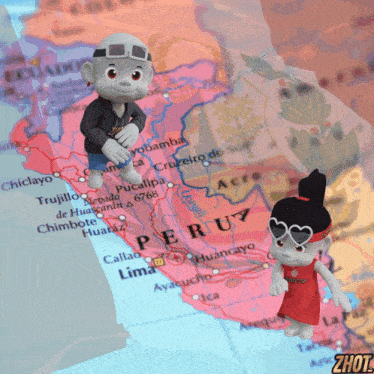 a couple of cartoon characters standing on a map of peru