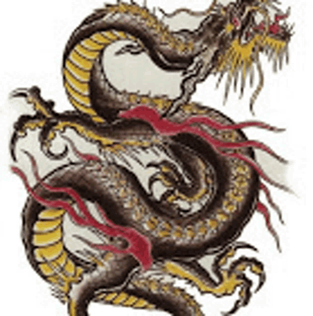 a drawing of a chinese dragon with red and yellow tails on a white background .