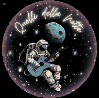 a picture of an astronaut playing a guitar with the words quelli della notte written around him