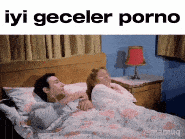 a man and a woman are laying in bed with the words iyi geceler porno on the bottom