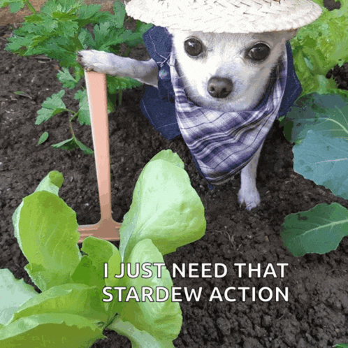 a small dog wearing a straw hat and a bandana is holding a shovel