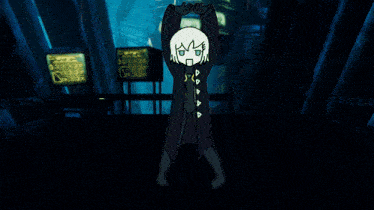 a cartoon character is standing in a dark room with a sign that says ' a ' on it