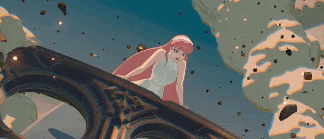 a girl with pink hair is sitting on a bridge