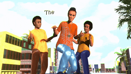 a group of people are standing in front of a city with the word the on the bottom