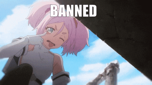 a pink haired anime girl with the word banned on the bottom
