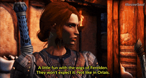 a screenshot of a video game with the words " a little fun with the wigs of ferelden they won 't expect it "