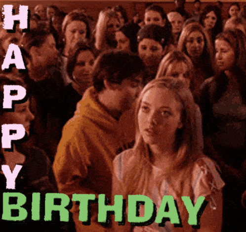 a group of people are gathered in a room with the words happy birthday on the bottom