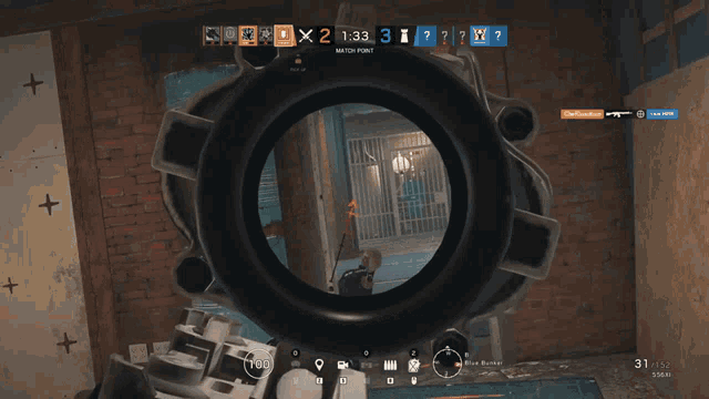 a screenshot of a video game shows a player 's sniper scope and says match point