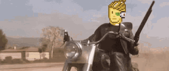 a pixel art of a man riding a motorcycle with a gun in his hand