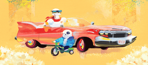 a cartoon drawing of two skeletons in a red car with a license plate that says ny8h