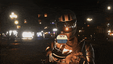 a man wearing a helmet is holding a bag that says mcdonald 's