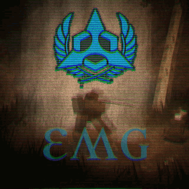 a silhouette of a person holding a sword with the word emg in blue