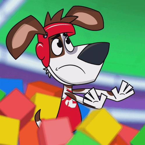 a cartoon dog wearing a red headband is standing in a pile of colorful blocks