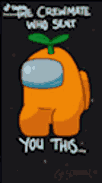 an orange among us character with a green leaf on top