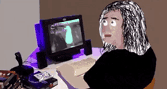 a cartoon of a woman sitting at a desk playing a video game