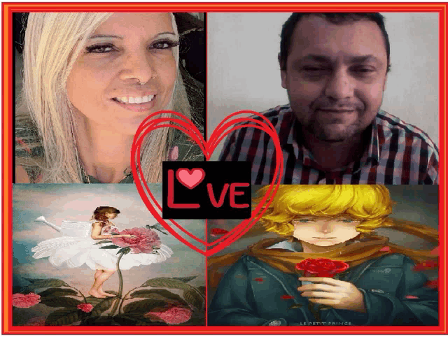 a man and a woman are surrounded by pictures and a heart that says love