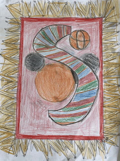 a child 's drawing of the letter s with a basketball in the middle