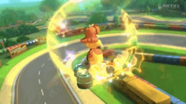 a cartoon character is flying through the air on a track