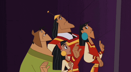 a group of cartoon characters are standing next to each other with one pointing up