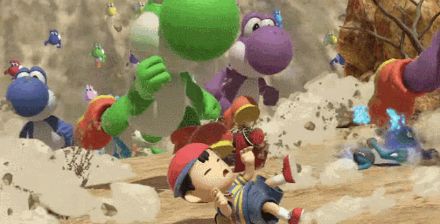 a group of cartoon characters including yoshi and ness are fighting each other .