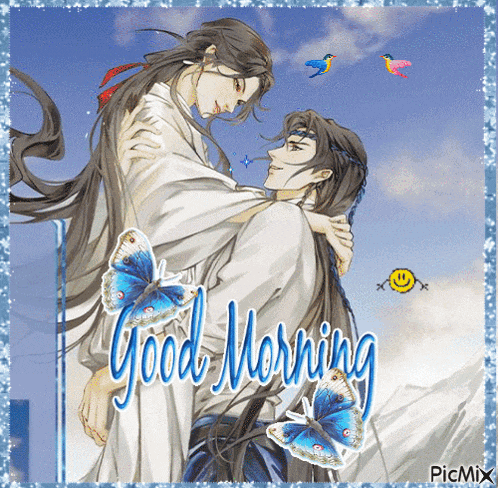 a picture of a man holding another man with the words good morning written on it
