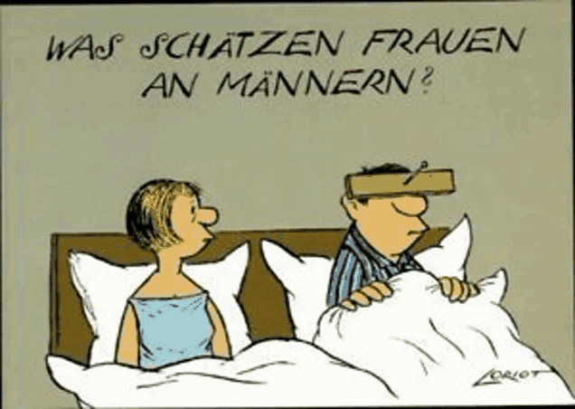 a cartoon of a man and a woman in bed with the words was schatten frauen an mannern written on the bottom