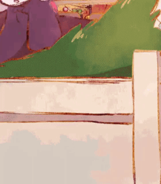 a painting of a person in a purple hat standing in front of a building .