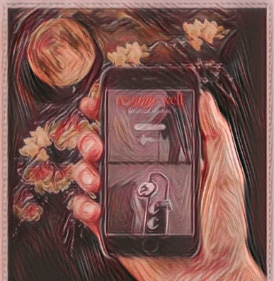 a painting of a hand holding a cell phone that says channel on the screen