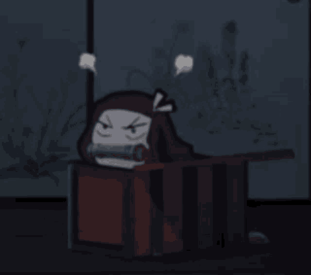 a cartoon character is laying in a box with smoke coming out of her mouth .