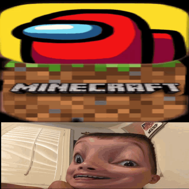 among us and minecraft logos next to a kid 's face