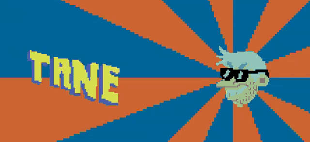a pixel art of a man wearing sunglasses with the word tane in yellow